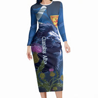 Cianalas Alba Scotland Long Sleeve Bodycon Dress Scottish Lion and Thistle Blue Version