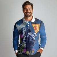 Cianalas Alba Scotland Long Sleeve Polo Shirt Scottish Lion and Thistle Blue Version