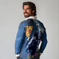 Cianalas Alba Scotland Long Sleeve Polo Shirt Scottish Lion and Thistle Blue Version