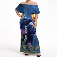 Cianalas Alba Scotland Off Shoulder Maxi Dress Scottish Lion and Thistle Blue Version