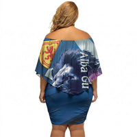 Cianalas Alba Scotland Off Shoulder Short Dress Scottish Lion and Thistle Blue Version