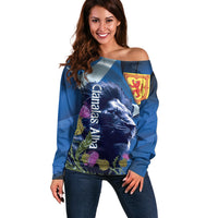 Cianalas Alba Scotland Off Shoulder Sweater Scottish Lion and Thistle Blue Version