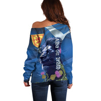Cianalas Alba Scotland Off Shoulder Sweater Scottish Lion and Thistle Blue Version