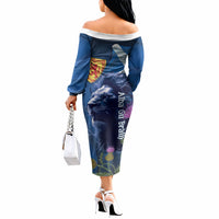 Cianalas Alba Scotland Off The Shoulder Long Sleeve Dress Scottish Lion and Thistle Blue Version