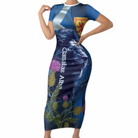 Cianalas Alba Scotland Short Sleeve Bodycon Dress Scottish Lion and Thistle Blue Version