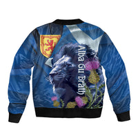 Cianalas Alba Scotland Sleeve Zip Bomber Jacket Scottish Lion and Thistle Blue Version