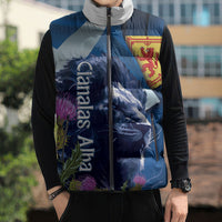 Cianalas Alba Scotland Sleeveless Puffer Jacket Scottish Lion and Thistle Blue Version