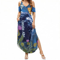 Cianalas Alba Scotland Summer Maxi Dress Scottish Lion and Thistle Blue Version