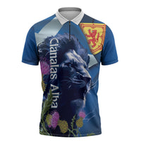 Cianalas Alba Scotland Zipper Polo Shirt Scottish Lion and Thistle Blue Version