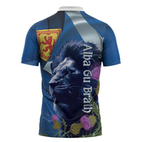 Cianalas Alba Scotland Zipper Polo Shirt Scottish Lion and Thistle Blue Version