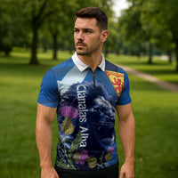 Cianalas Alba Scotland Zipper Polo Shirt Scottish Lion and Thistle Blue Version