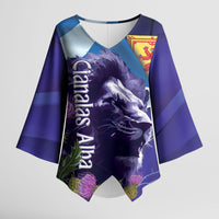 Cianalas Alba Scotland Kimono Sleeve Blouse Scottish Lion and Thistle Purple Version