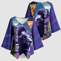 Cianalas Alba Scotland Kimono Sleeve Blouse Scottish Lion and Thistle Purple Version