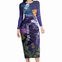 Cianalas Alba Scotland Long Sleeve Bodycon Dress Scottish Lion and Thistle Purple Version