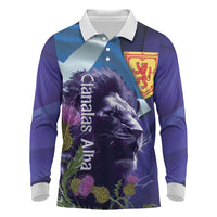 Cianalas Alba Scotland Long Sleeve Polo Shirt Scottish Lion and Thistle Purple Version