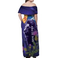 Cianalas Alba Scotland Off Shoulder Maxi Dress Scottish Lion and Thistle Purple Version