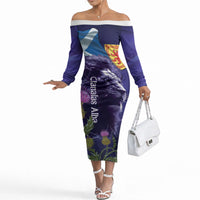 Cianalas Alba Scotland Off The Shoulder Long Sleeve Dress Scottish Lion and Thistle Purple Version