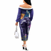 Cianalas Alba Scotland Off The Shoulder Long Sleeve Dress Scottish Lion and Thistle Purple Version
