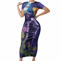Cianalas Alba Scotland Short Sleeve Bodycon Dress Scottish Lion and Thistle Purple Version