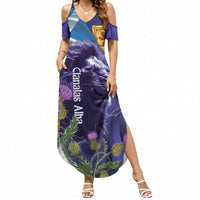 Cianalas Alba Scotland Summer Maxi Dress Scottish Lion and Thistle Purple Version