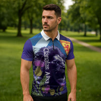 Cianalas Alba Scotland Zipper Polo Shirt Scottish Lion and Thistle Purple Version
