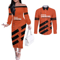 Cibao Dominican Republic Football Custom Couples Matching Off The Shoulder Long Sleeve Dress and Long Sleeve Button Shirt Vamos La Bestia Naranja - Wonder Print Shop