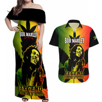 Jamaica Legend Bob Couples Matching Off Shoulder Maxi Dress and Hawaiian Shirt The King Of Reggae - Wonder Print Shop