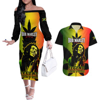 Jamaica Legend Bob Couples Matching Off The Shoulder Long Sleeve Dress and Hawaiian Shirt The King Of Reggae - Wonder Print Shop