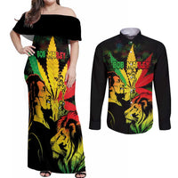 Jamaica Legend Bob Couples Matching Off Shoulder Maxi Dress and Long Sleeve Button Shirts Lion With Cannabis Leaf Pattern LT14
