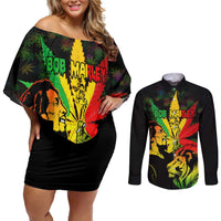 Jamaica Legend Bob Couples Matching Off Shoulder Short Dress and Long Sleeve Button Shirts Lion With Cannabis Leaf Pattern LT14