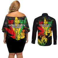 Jamaica Legend Bob Couples Matching Off Shoulder Short Dress and Long Sleeve Button Shirts Lion With Cannabis Leaf Pattern LT14