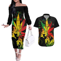Jamaica Legend Bob Couples Matching Off The Shoulder Long Sleeve Dress and Hawaiian Shirt Lion With Cannabis Leaf Pattern LT14