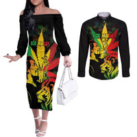 Jamaica Legend Bob Couples Matching Off The Shoulder Long Sleeve Dress and Long Sleeve Button Shirts Lion With Cannabis Leaf Pattern LT14