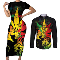 Jamaica Legend Bob Couples Matching Short Sleeve Bodycon Dress and Long Sleeve Button Shirts Lion With Cannabis Leaf Pattern LT14