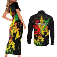 Jamaica Legend Bob Couples Matching Short Sleeve Bodycon Dress and Long Sleeve Button Shirts Lion With Cannabis Leaf Pattern LT14