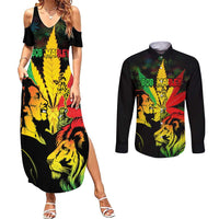 Jamaica Legend Bob Couples Matching Summer Maxi Dress and Long Sleeve Button Shirts Lion With Cannabis Leaf Pattern LT14