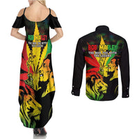 Jamaica Legend Bob Couples Matching Summer Maxi Dress and Long Sleeve Button Shirts Lion With Cannabis Leaf Pattern LT14