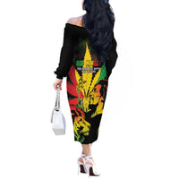 Jamaica Legend Bob Off The Shoulder Long Sleeve Dress Lion With Cannabis Leaf Pattern LT14