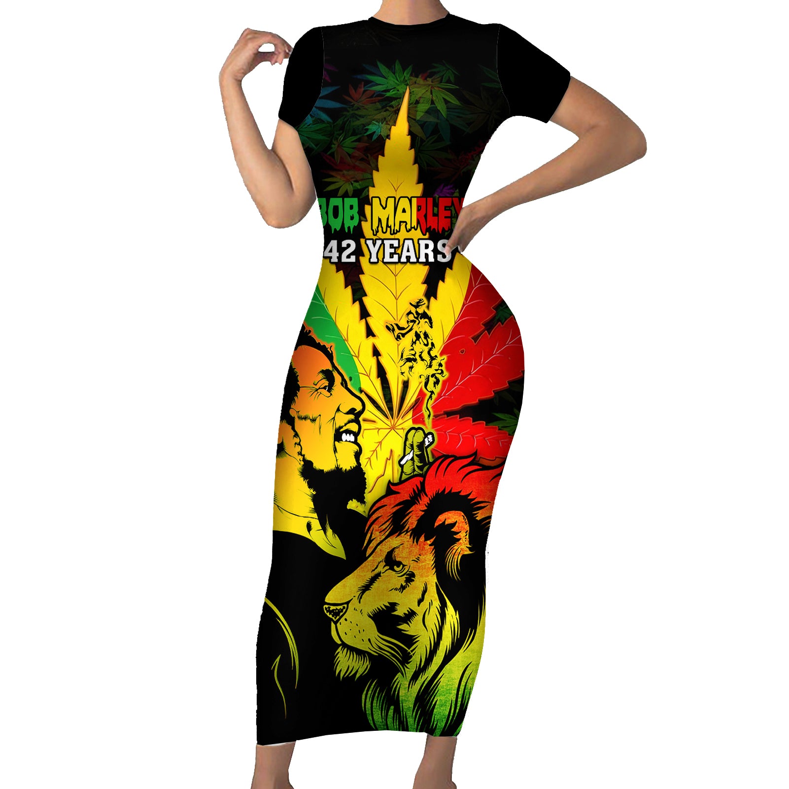 jamaica-bob-marley-short-sleeve-bodycon-dress-lion-with-cannabis-leaf-pattern