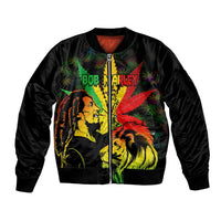 Jamaica Legend Bob Sleeve Zip Bomber Jacket Lion With Cannabis Leaf Pattern LT14