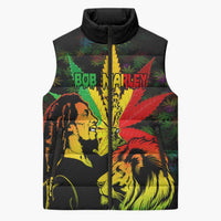 Jamaica Legend Bob Sleeveless Puffer Jacket Lion With Cannabis Leaf Pattern - Wonder Print Shop