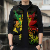 Jamaica Legend Bob Sleeveless Puffer Jacket Lion With Cannabis Leaf Pattern - Wonder Print Shop