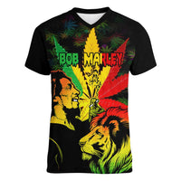 Jamaica Legend Bob Women V Neck T Shirt Lion With Cannabis Leaf Pattern LT14