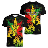 Jamaica Legend Bob Women V Neck T Shirt Lion With Cannabis Leaf Pattern LT14