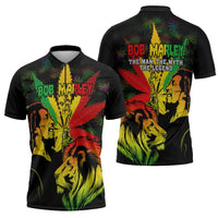 Jamaica Legend Bob Zipper Polo Shirt Lion With Cannabis Leaf Pattern - Wonder Print Shop