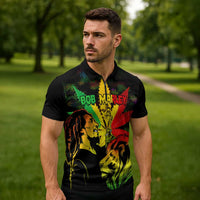 Jamaica Legend Bob Zipper Polo Shirt Lion With Cannabis Leaf Pattern - Wonder Print Shop