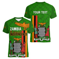 Personalised Zambia Independence Day Women V Neck T Shirt Happy 59th Anniversary Kente Pattern - Wonder Print Shop