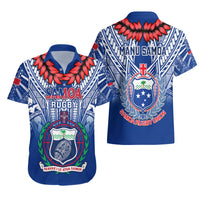 Two blue Samoa rugby Hawaiian shirts with red floral collar and crest designs