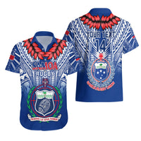 Blue Samoa rugby-style short-sleeve shirts showing crest front and back number 14