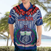 Blue Samoa rugby-style short-sleeve polo with red floral collar, front crest and text